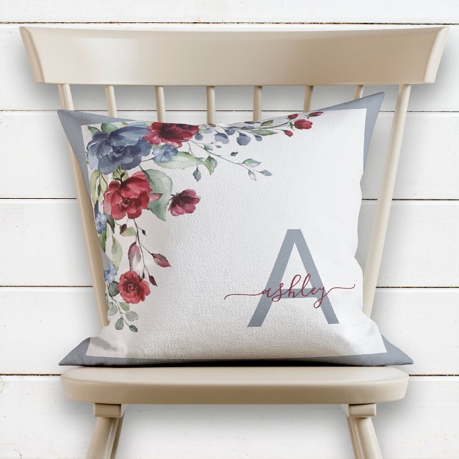 Dusty Blue Burgundy Floral Script Monogram Initial Cushion (Creator Uploaded)