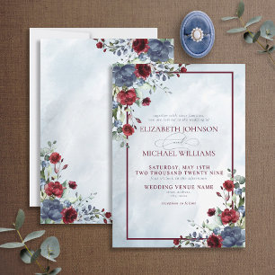 Dusty Blue Burgundy Floral Watercolor Script Invit Invitation