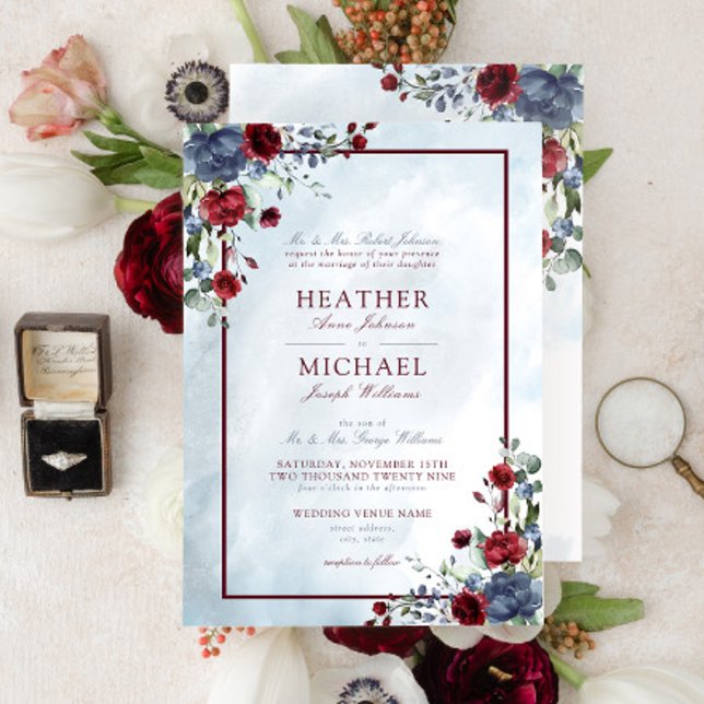 Dusty Blue Burgundy Floral Watercolor Script Invit Invitation (Creator Uploaded)