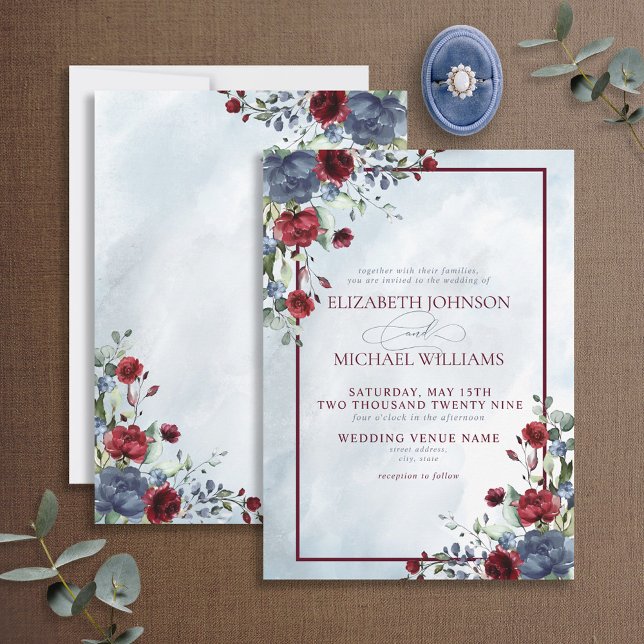 Dusty Blue Burgundy Floral Watercolor Script Invit Invitation (Creator Uploaded)