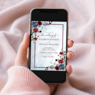 Dusty Blue Burgundy Floral Watercolor Script Photo Invitation