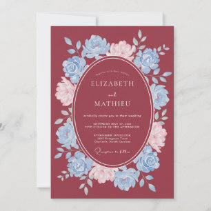 Dusty Blue Burgundy Floral Watercolor Wedding Invitation