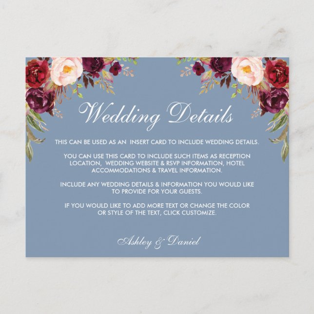 Dusty Blue Burgundy Floral Wedding Details Card (Front)