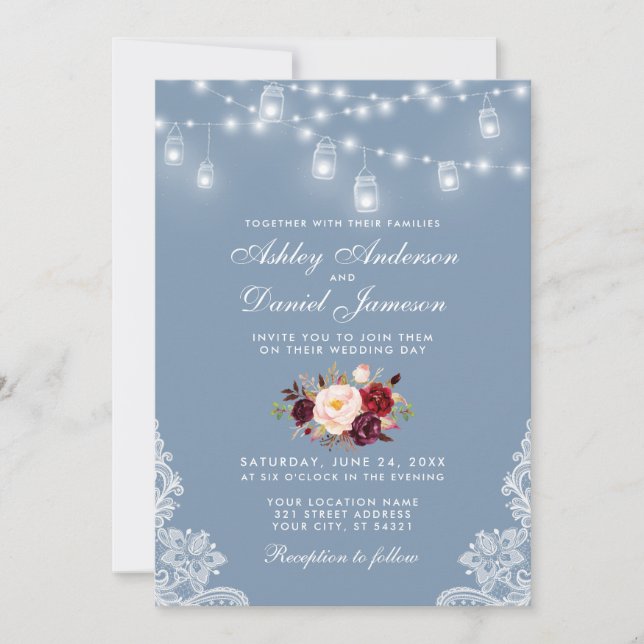 Dusty Blue Burgundy Floral Wedding Lace Lights Invitation (Front)