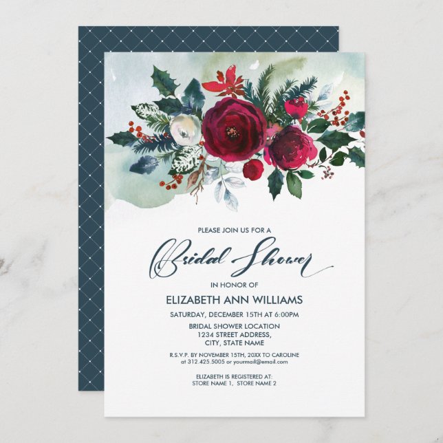 Dusty Blue | Burgundy Red Bloom Bridal Shower Invitation (Front/Back)