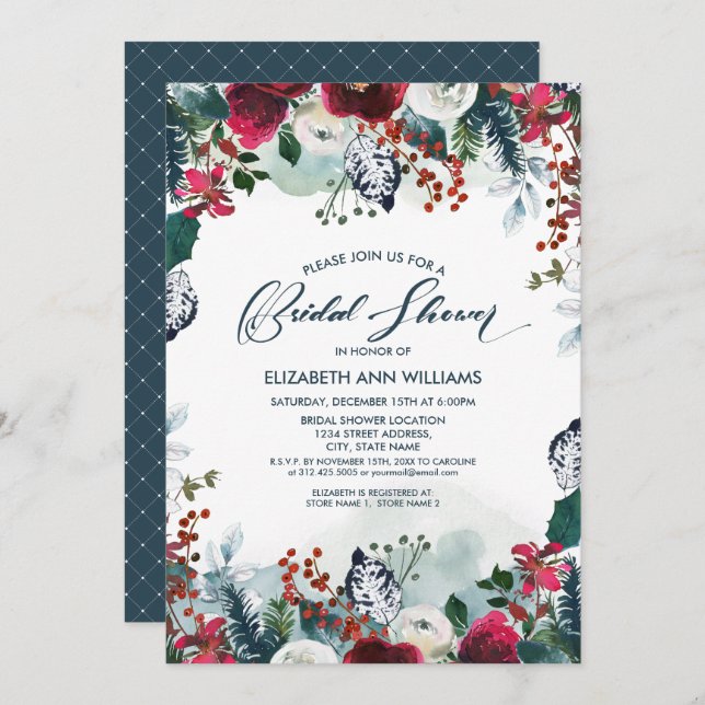 Dusty Blue | Burgundy Red Bloom Bridal Shower Invitation (Front/Back)