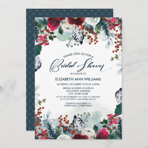 Dusty Blue   Burgundy Red Bloom Bridal Shower Invitation