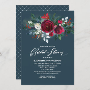 Dusty Blue   Burgundy Red Bloom Bridal Shower Invitation