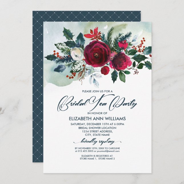 Dusty Blue | Burgundy Red Bloom Bridal Tea Party Invitation (Front/Back)