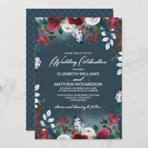 Dusty Blue Burgundy Red Bloom Wedding Invitation