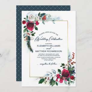 Dusty Blue Burgundy Red Bloom Winter Wedding Invitation