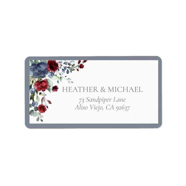 Dusty Blue Burgundy Red Floral Watercolor Address Label (Front)