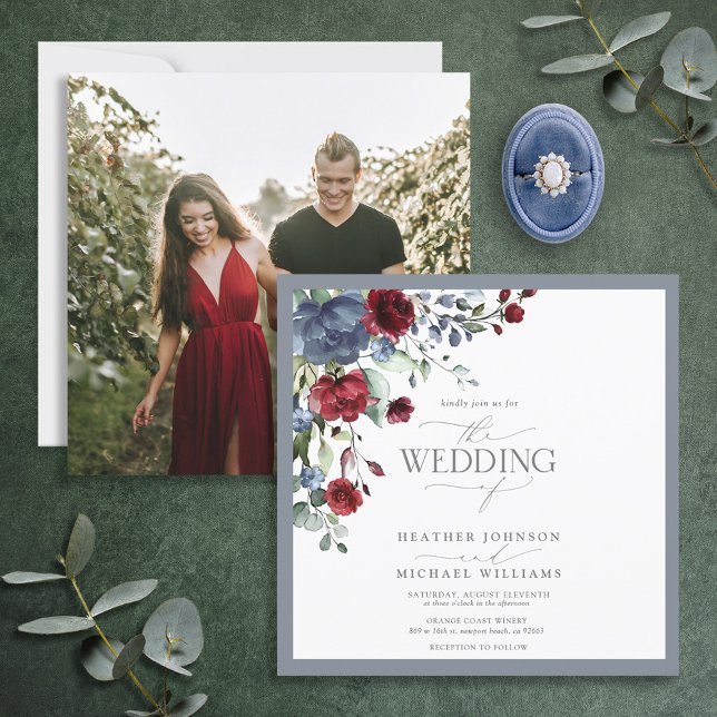 Dusty Blue Burgundy Red Floral Watercolor Photo Invitation (Creator Uploaded)