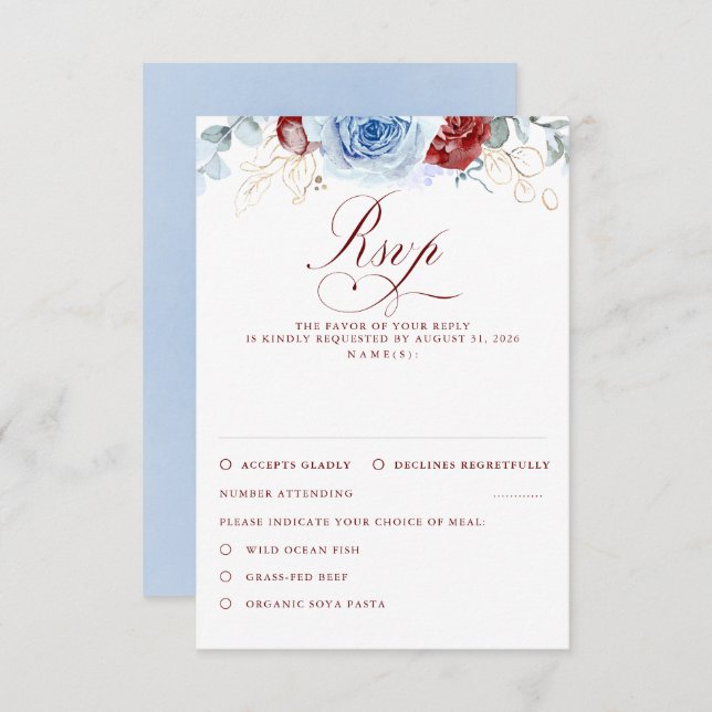 Dusty Blue Burgundy Red Flowers Wedding RSVP (Front/Back)