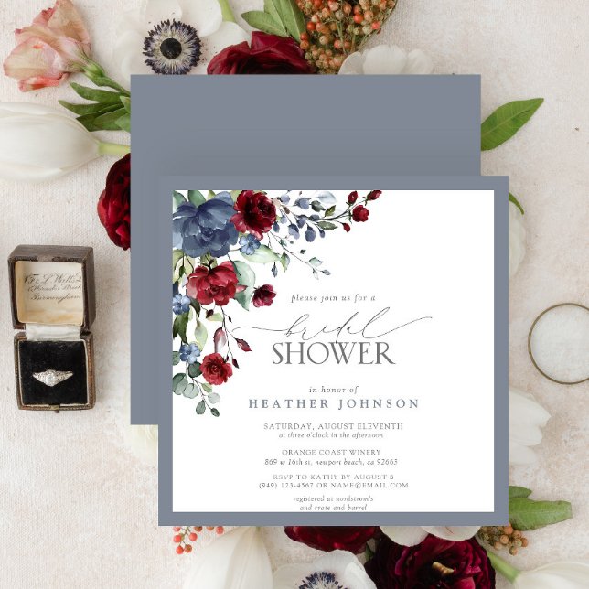 Dusty Blue Burgundy Red Watercolor Bridal Shower Invitation (Creator Uploaded)