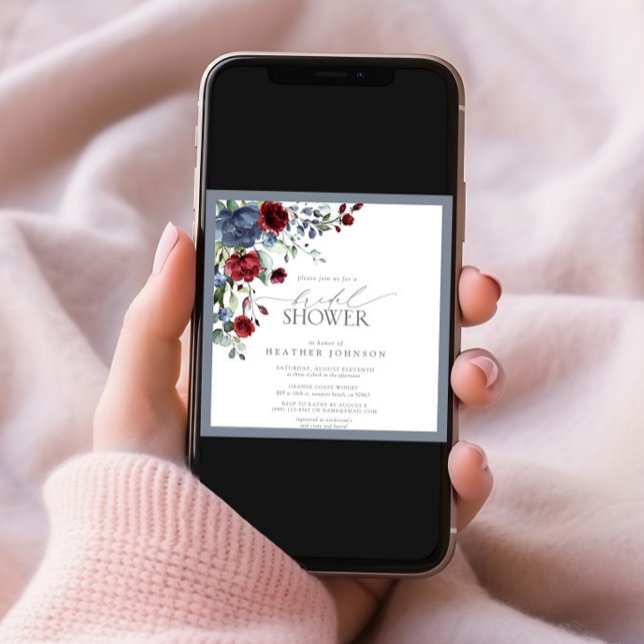 Dusty Blue Burgundy Red Watercolor Bridal Shower Invitation (Creator Uploaded)