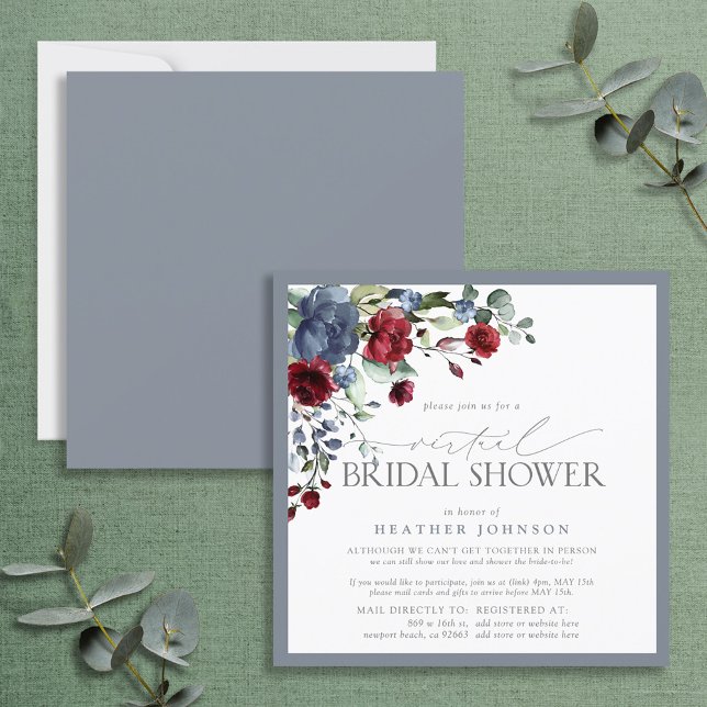 Dusty Blue Burgundy Watercolor Virtual Shower Invitation (Creator Uploaded)