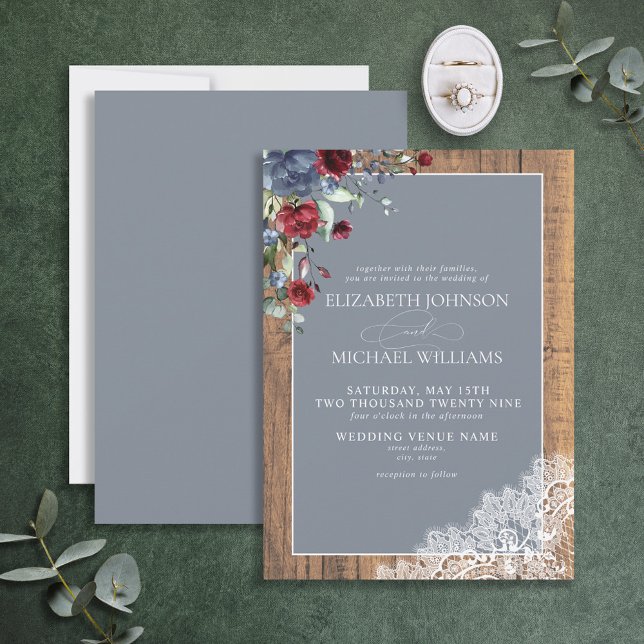 Dusty Blue Burgundy Wood Lace Script Wedding Invit Invitation (Creator Uploaded)