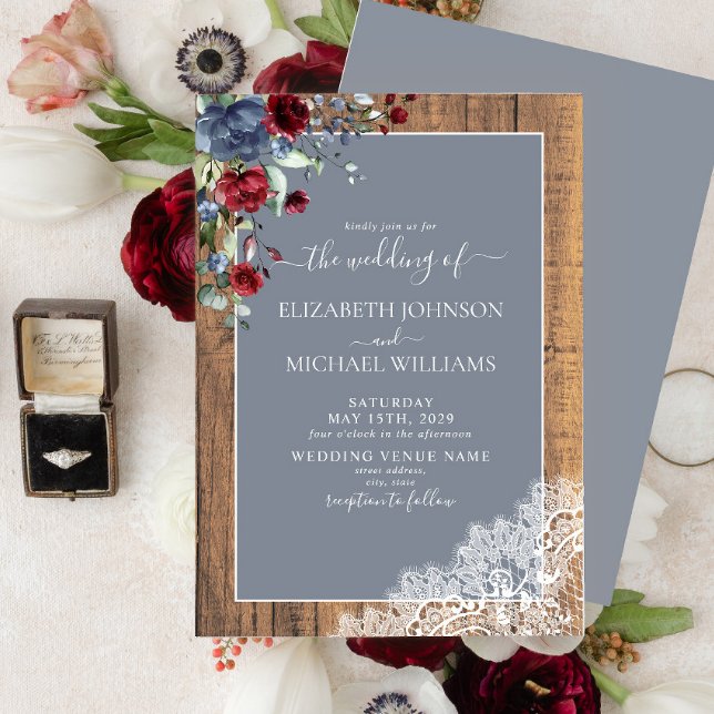 Dusty Blue Burgundy Wood Lace Script Wedding Invitation (Creator Uploaded)
