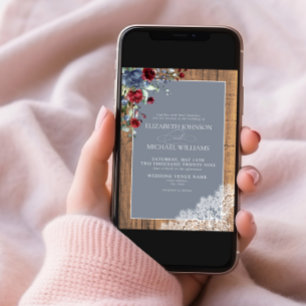 Dusty Blue Burgundy Wood Lace Script Wedding Invitation