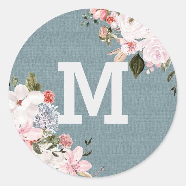 Dusty Blue Burlap Rustic Floral Wedding monogram Classic Round Sticker (Front)