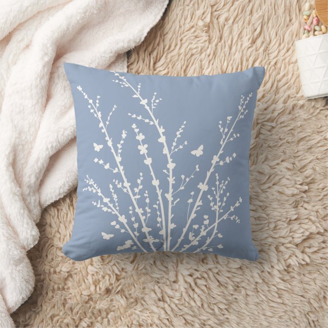 Dusty Blue Butterflies Botanical Branches Modern   Cushion (Blanket)