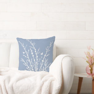 Dusty Blue Butterflies Botanical Branches Modern Cushion