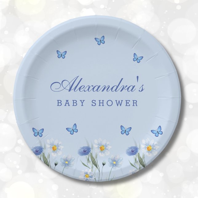 Dusty Blue Butterfly Boho Wildflower Baby Shower Paper Plate (Creator Uploaded)