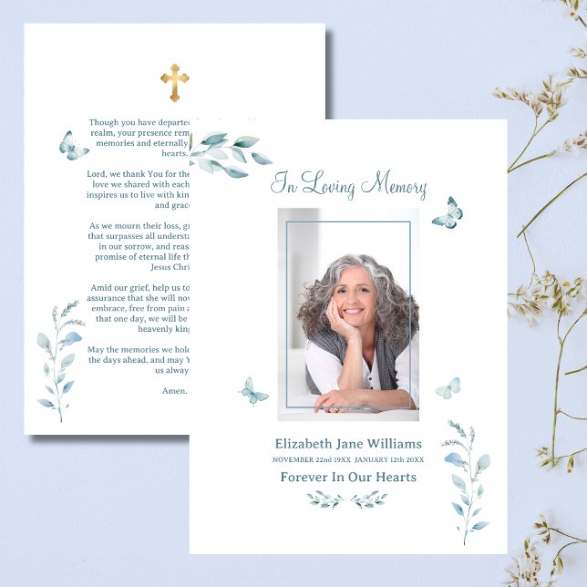 Dusty Blue Butterfly  Funeral Memorial Prayer   Card (Creator Uploaded)