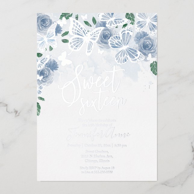 Dusty Blue Butterfly Silver Foil Sweet 16 Invite (Front)
