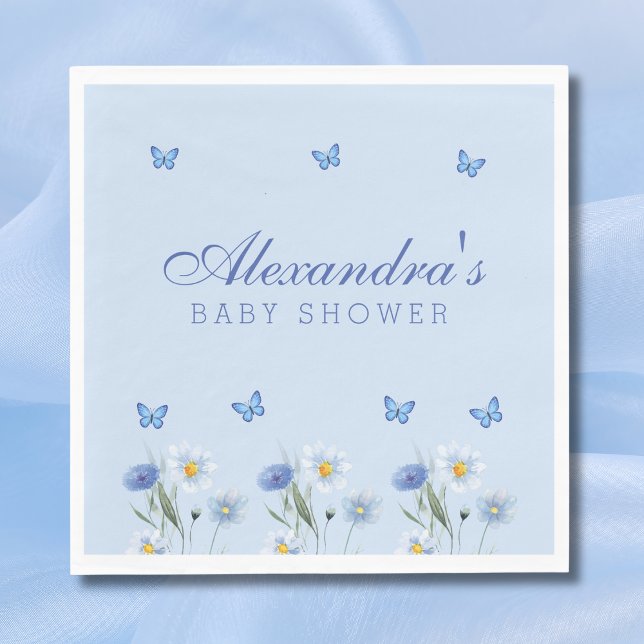 Dusty Blue Butterfly Wildflower Baby Shower Napkin (Creator Uploaded)