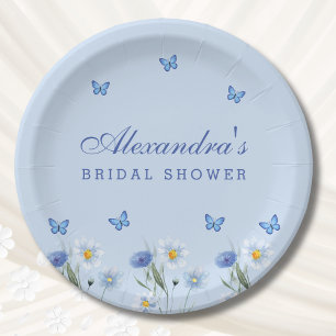 Dusty Blue Butterfly Wildflower Bridal Shower Paper Plate