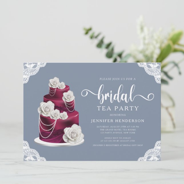 Dusty Blue Cake And Lace Bridal Shower Tea Party Invitation (Standing Front)