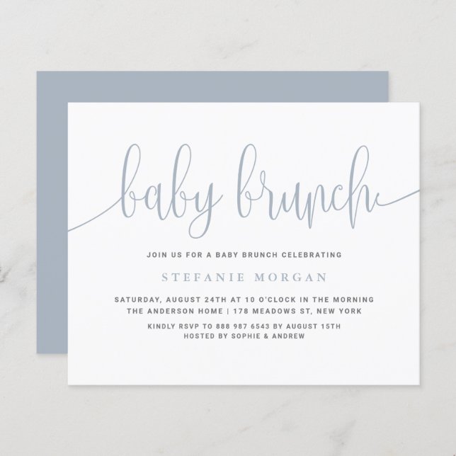 Dusty Blue Calligraphy Baby Brunch Invitation (Front/Back)