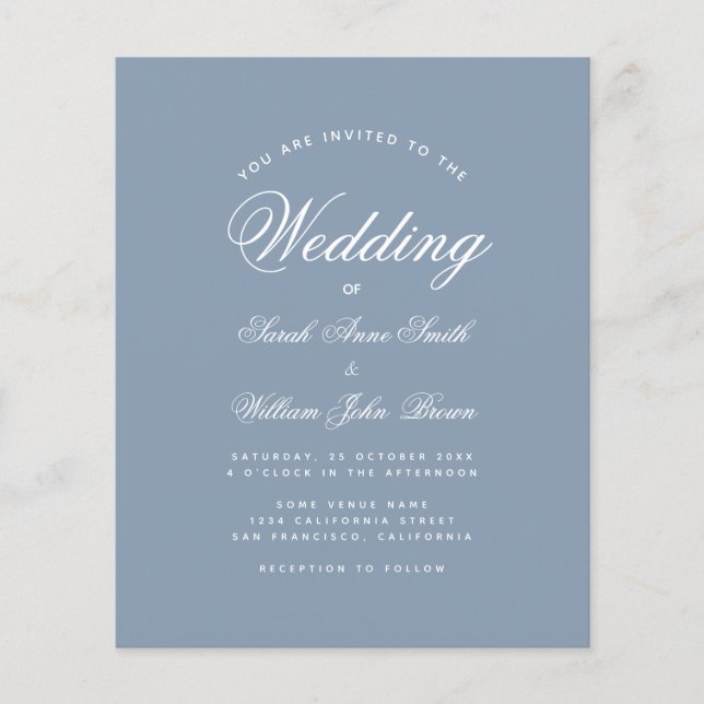 Dusty Blue Calligraphy Budget Wedding Invitation (Front)