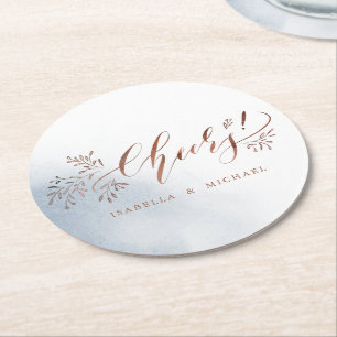 Dusty blue calligraphy cheers rustic floral party round paper coaster
