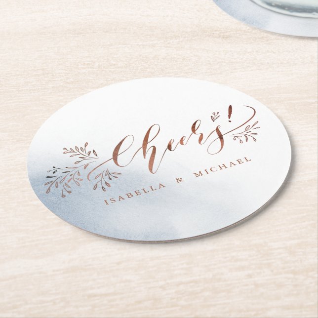 Dusty blue calligraphy cheers rustic floral party round paper coaster (Angled)