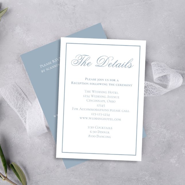 Dusty Blue Calligraphy Details RSVP Enclosure Card (Dusty blue wedding rsvp card with scannable QR code template. )