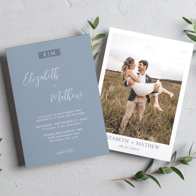 Dusty Blue Calligraphy Monogram Photo Wedding Invitation (Creator Uploaded)