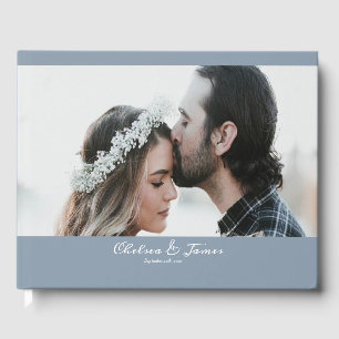 Dusty Blue Calligraphy Script Photo Wedding  Guest Book