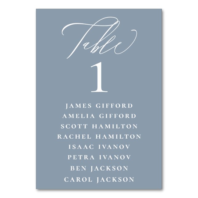 Dusty Blue Calligraphy Seating Chart Table Number (Front)