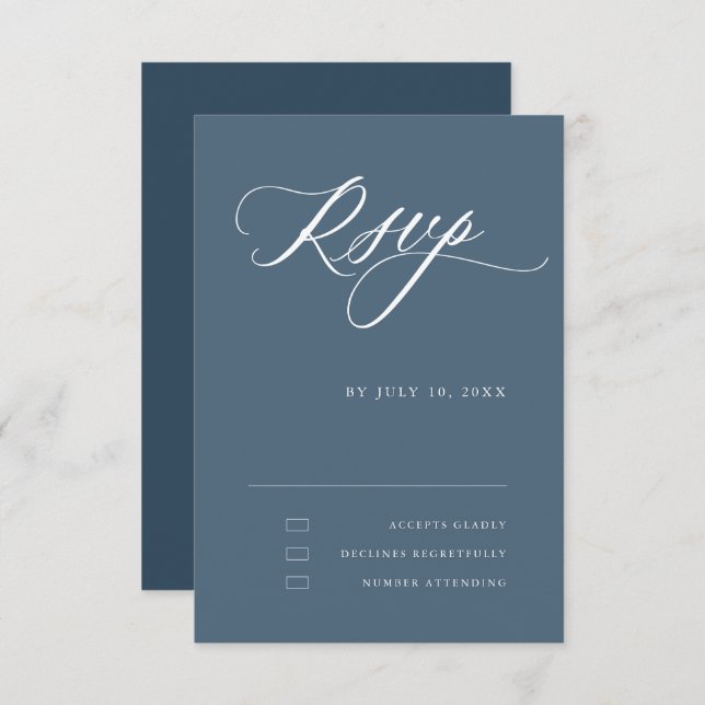 Dusty Blue Calligraphy Simple Minimalist Wedding RSVP Card (Front/Back)