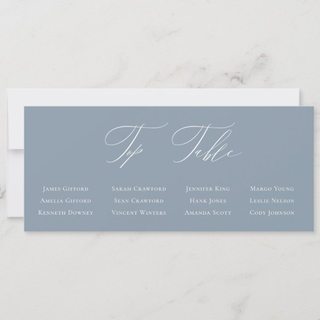 Dusty Blue Calligraphy Top Table Seating Card (Front)