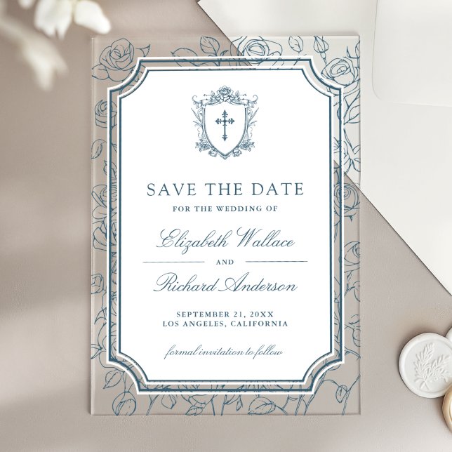 Dusty Blue Catholic Wedding Save the Date Acrylic Invitations (Creator Uploaded)