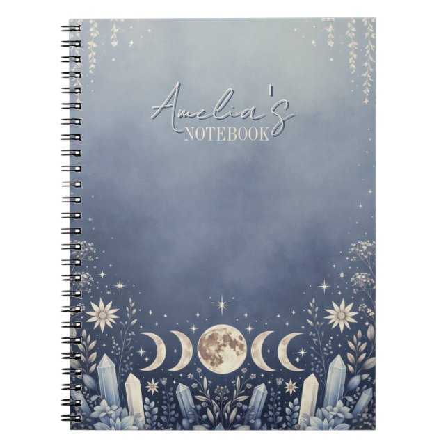 Dusty Blue Celestial Moon Phase Notebook Journal (Front)