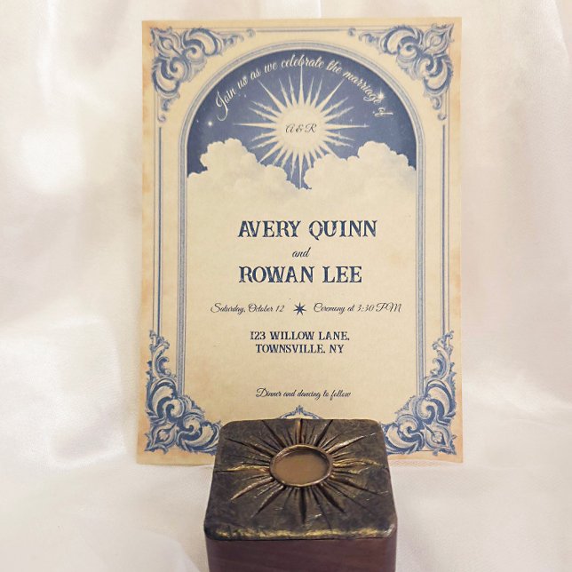 Dusty Blue Celestial Wedding Invitation Aged Paper (Creator Uploaded)