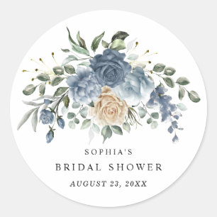 Dusty Blue & Champagne Floral Bridal Shower Classic Round Sticker