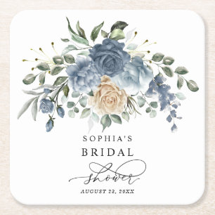 Dusty Blue & Champagne Floral Bridal Shower Square Paper Coaster