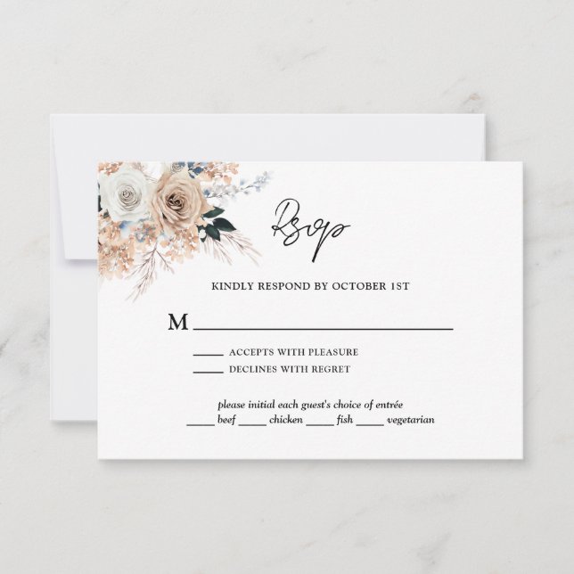 Dusty Blue Champagne Floral Wedding RSVP Card (Front)