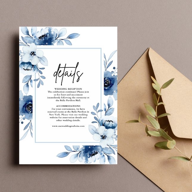 Dusty Blue Champagne Ivory Floral Wedding Details Enclosure Card (Creator Uploaded)